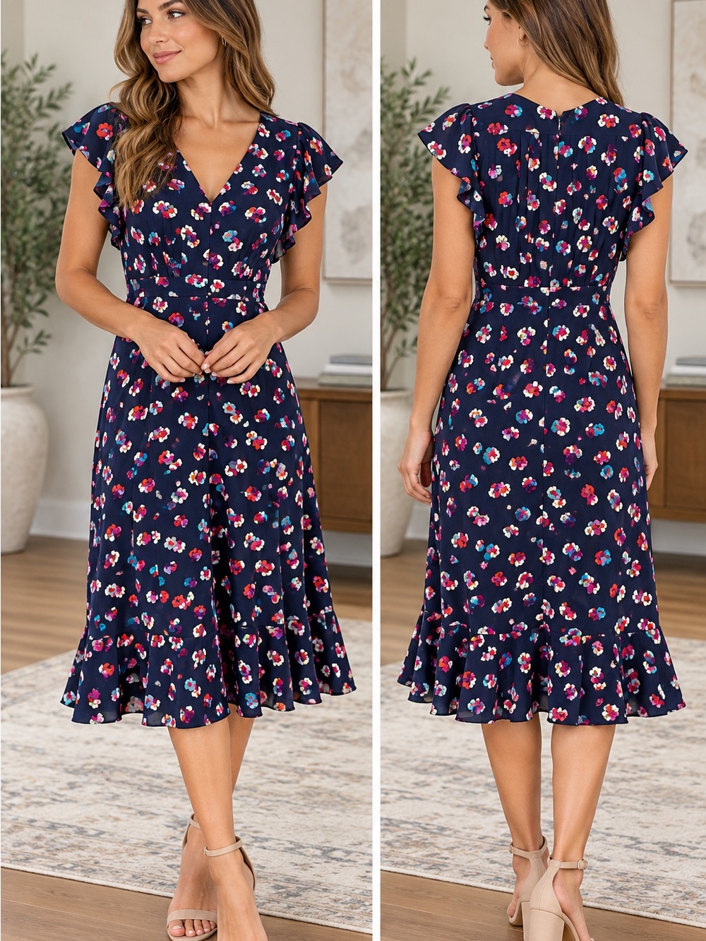 Rebecca Taylor Navy Floral Flutter-Sleeve Midi Dress Size 0